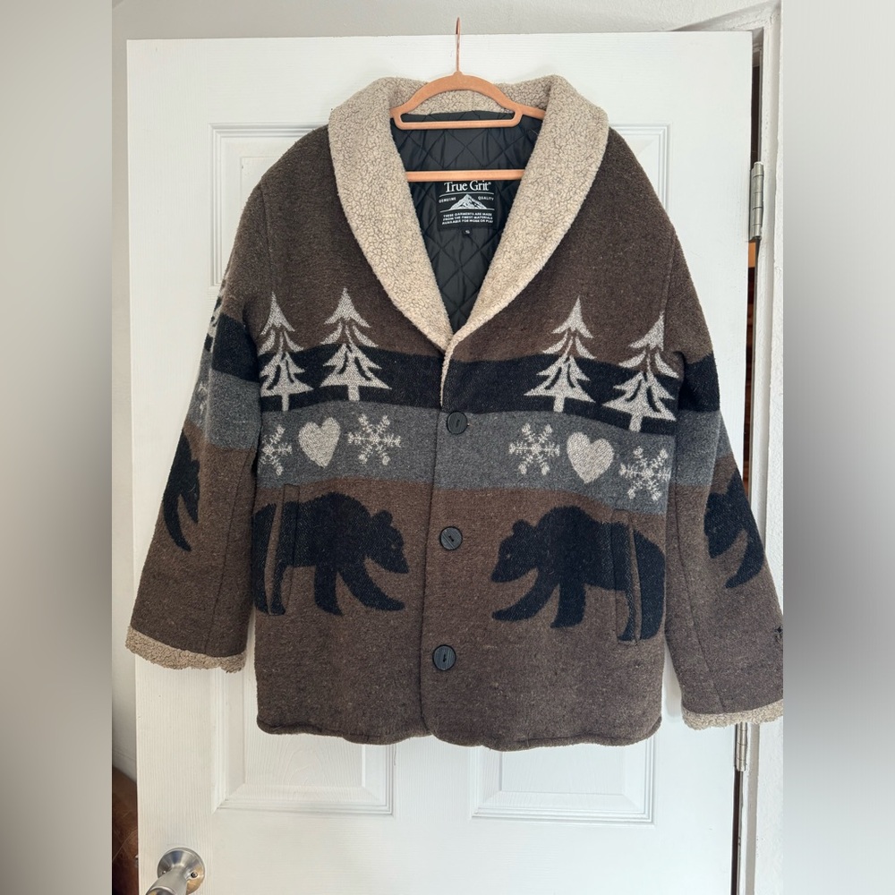 Vintage True Grit Bear and Hearts Cosy Winter Brown & Gray Jacket Coat